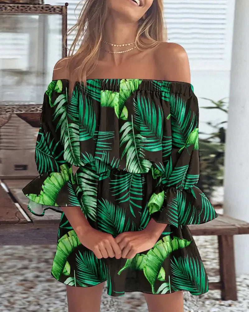 Boho Off-Shoulder Sommerkleid Damen – Lockeres Strandkleid mit Print & Volantärmeln