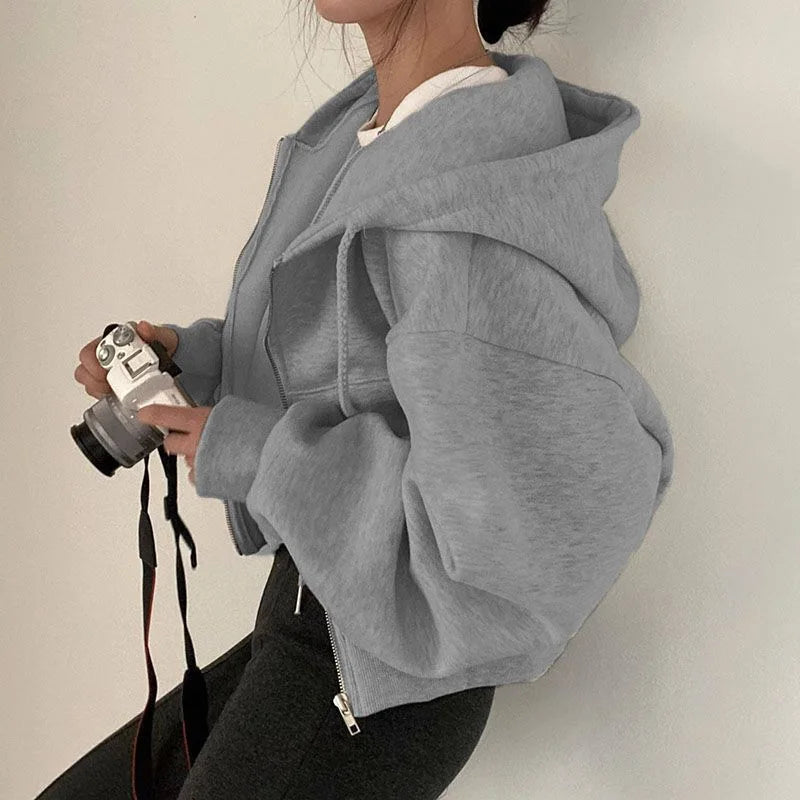 Damen Cropped Hoodie mit Reißverschluss – Oversize Zip-Up Kapuzenjacke Streetwear