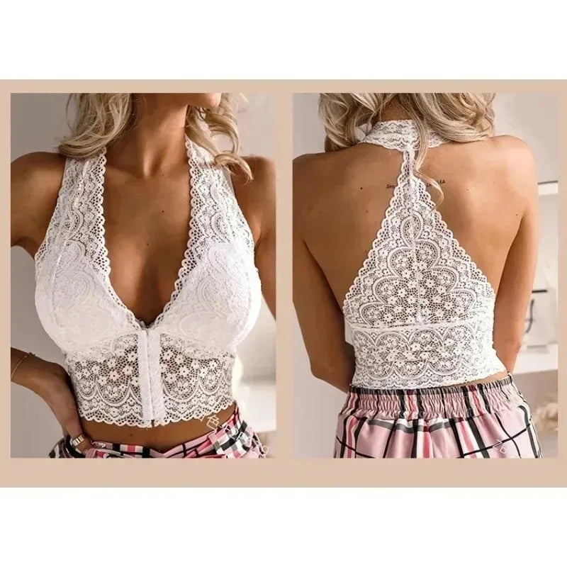 Damen Spitzen Top Halter – Elegantes Lace Crop Top mit tiefem Ausschnitt