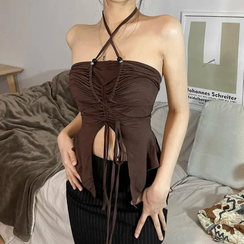 Damen Halter Top mit Schnürung – Sexy Rüschen Corsagen Top Sommer Outfit