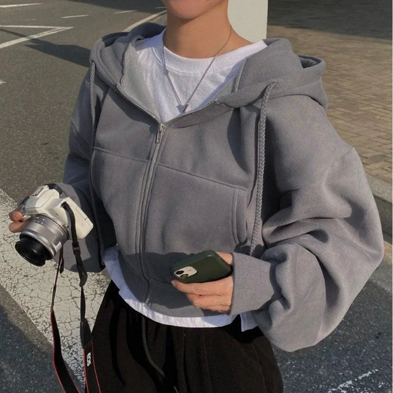 Damen Cropped Hoodie mit Reißverschluss – Oversize Zip-Up Kapuzenjacke Streetwear