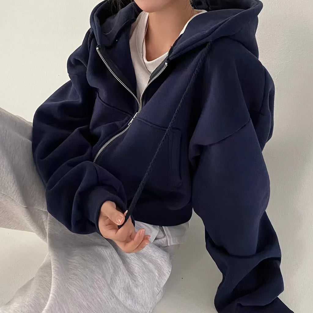 Damen Cropped Hoodie mit Reißverschluss – Oversize Zip-Up Kapuzenjacke Streetwear