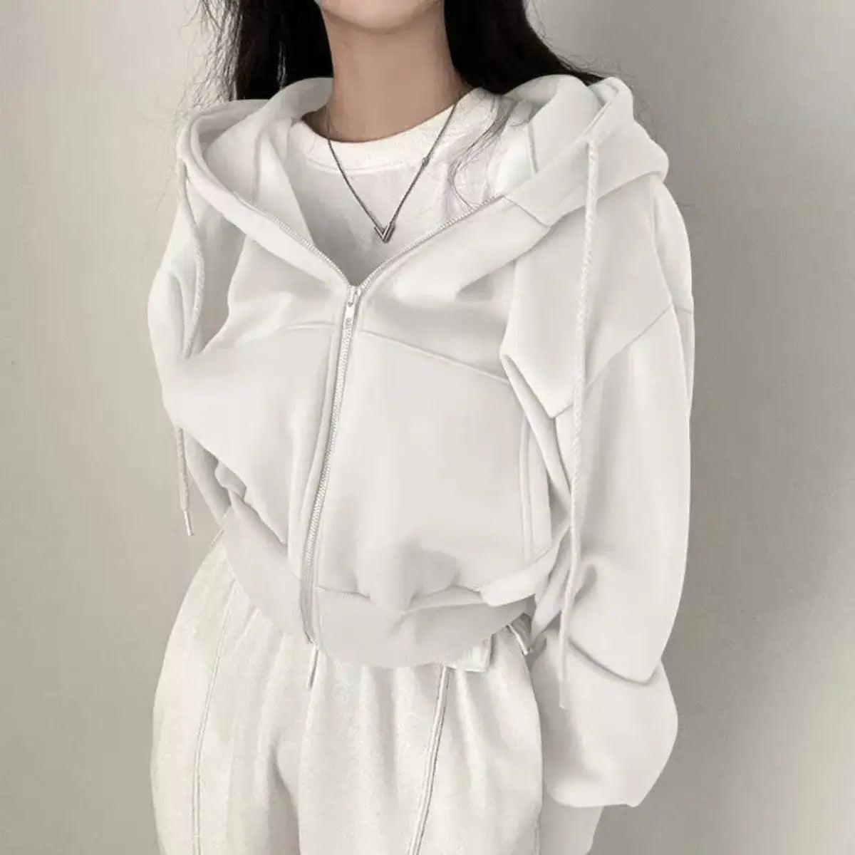 Damen Cropped Hoodie mit Reißverschluss – Oversize Zip-Up Kapuzenjacke Streetwear