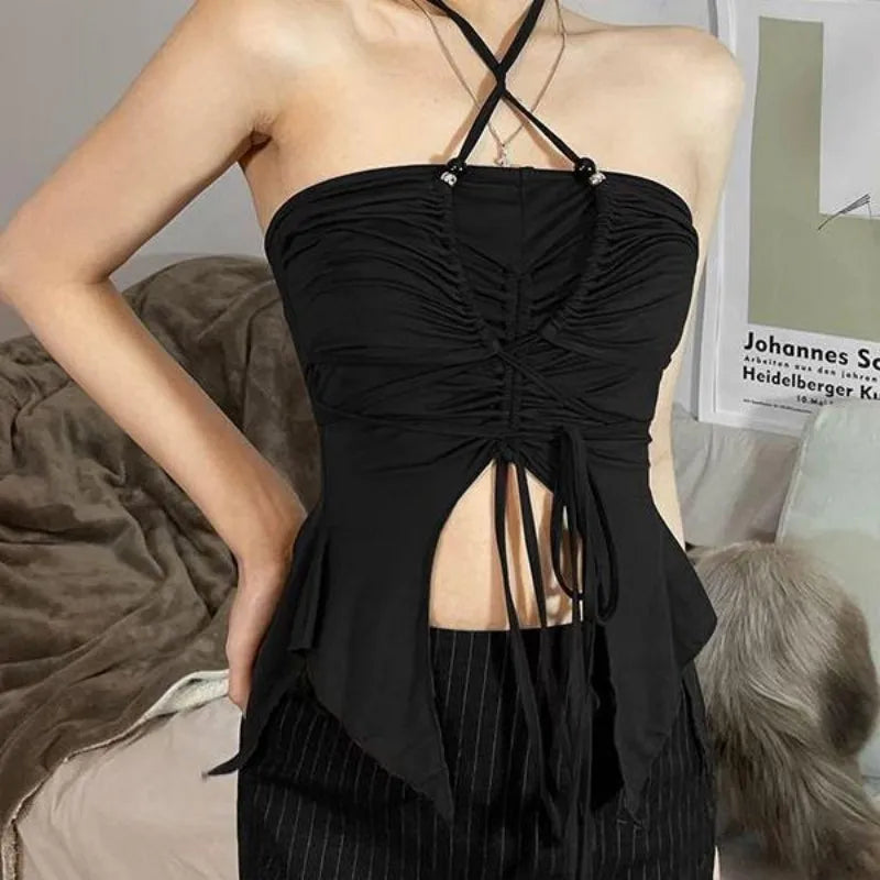 Damen Halter Top mit Schnürung – Sexy Rüschen Corsagen Top Sommer Outfit