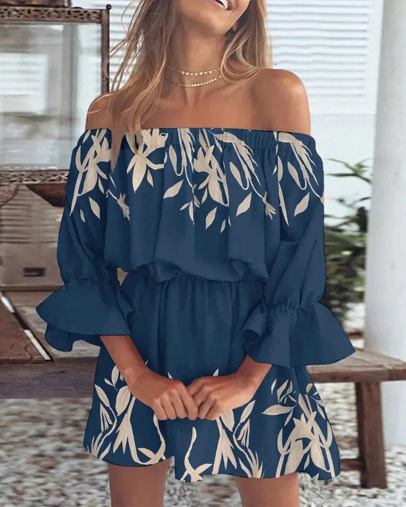 Boho Off-Shoulder Sommerkleid Damen – Lockeres Strandkleid mit Print & Volantärmeln