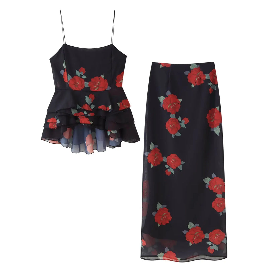 Elegantes Maxikleid mit roten Rosen – Schwarzes Blumenkleid mit Peplum