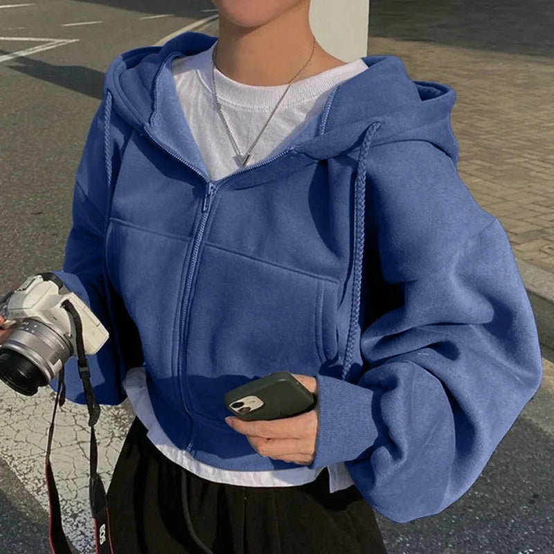 Damen Cropped Hoodie mit Reißverschluss – Oversize Zip-Up Kapuzenjacke Streetwear