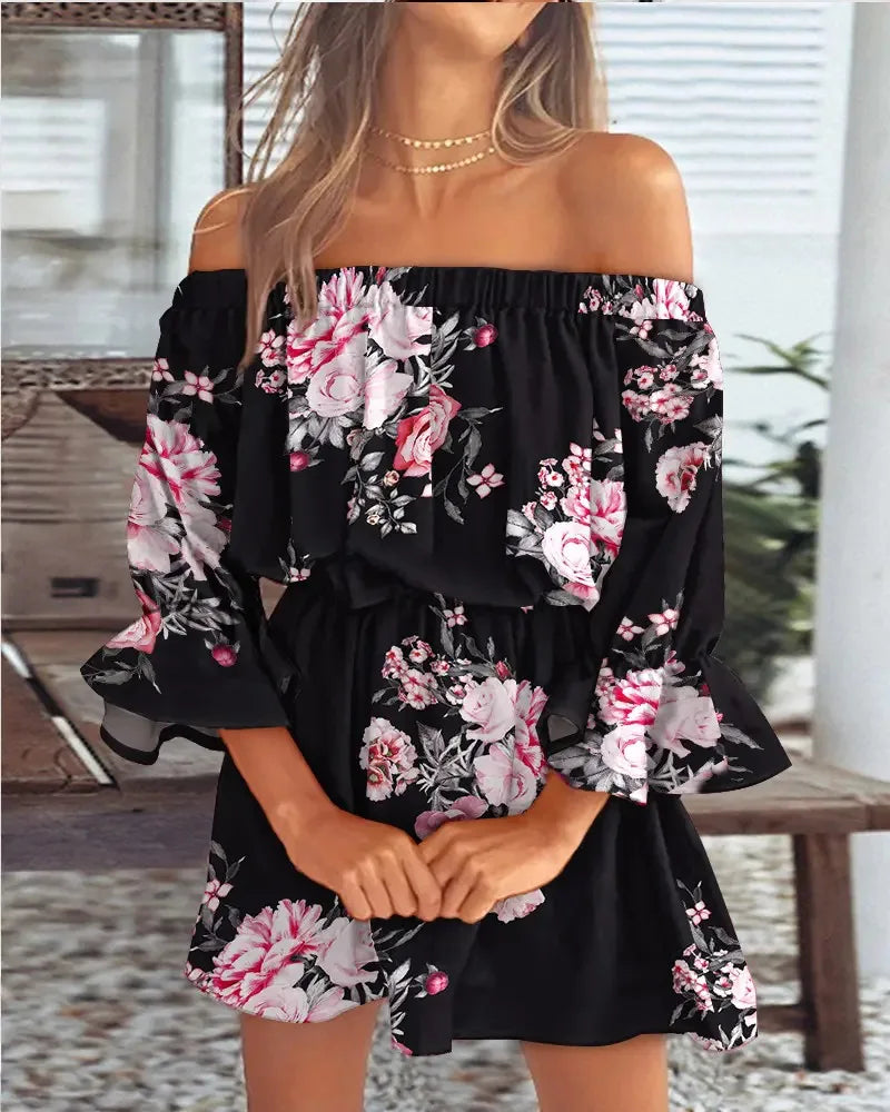 Boho Off-Shoulder Sommerkleid Damen – Lockeres Strandkleid mit Print & Volantärmeln