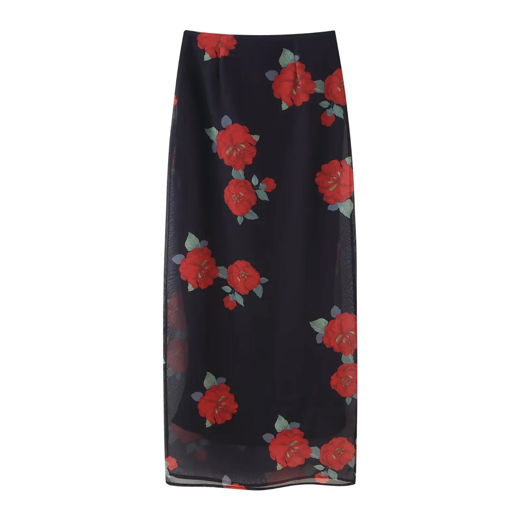 Elegantes Maxikleid mit roten Rosen – Schwarzes Blumenkleid mit Peplum