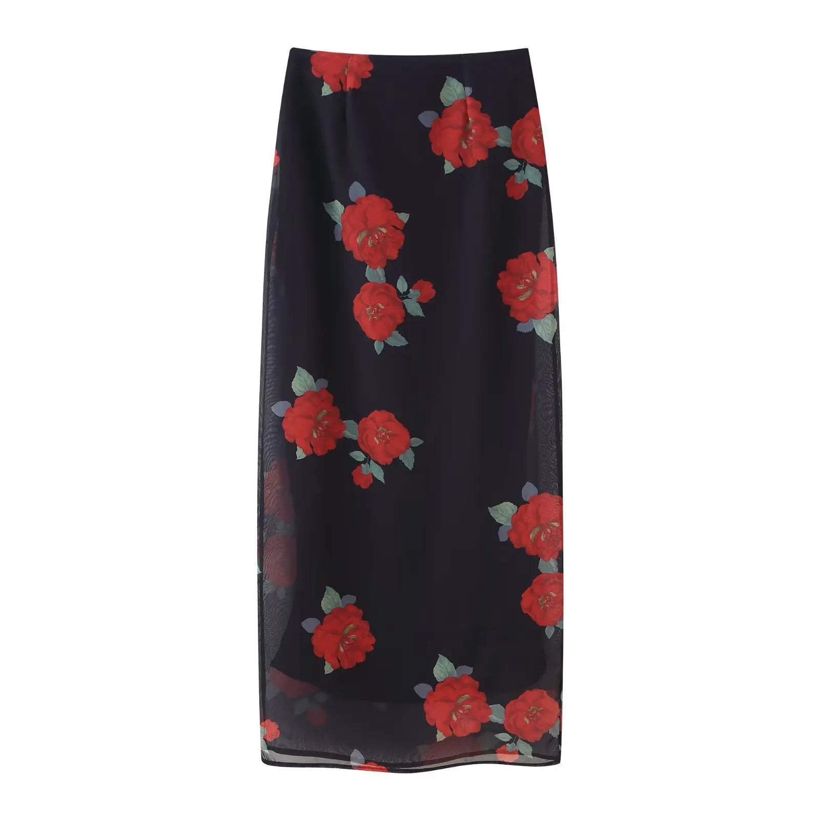 Elegantes Maxikleid mit roten Rosen – Schwarzes Blumenkleid mit Peplum