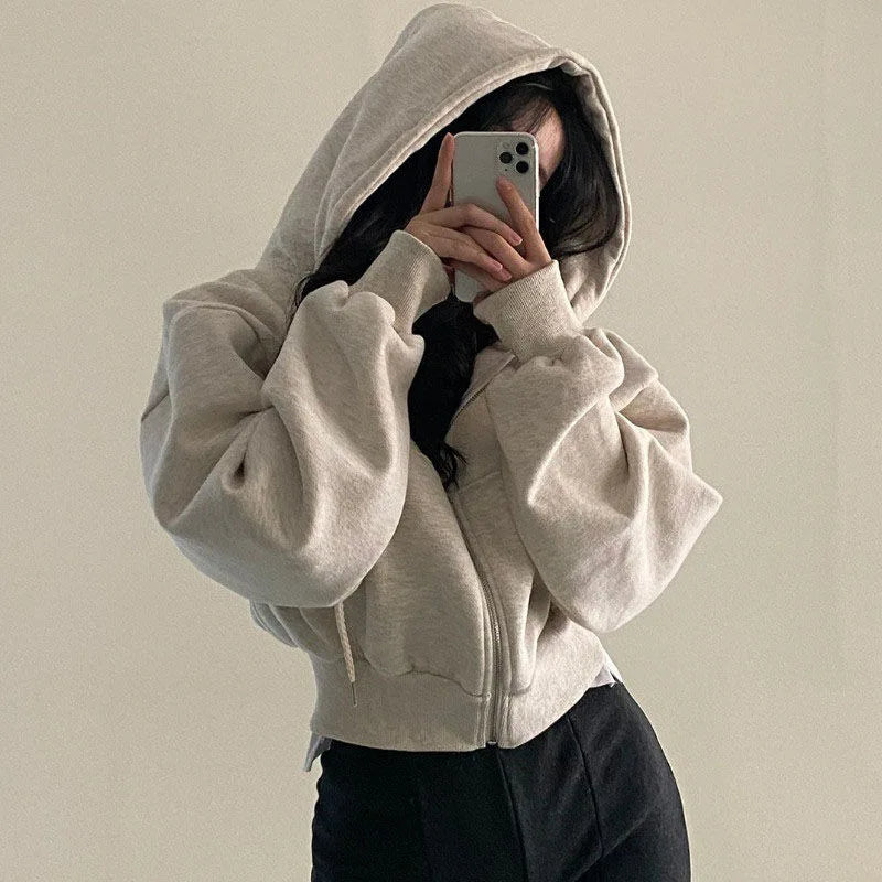 Damen Cropped Hoodie mit Reißverschluss – Oversize Zip-Up Kapuzenjacke Streetwear