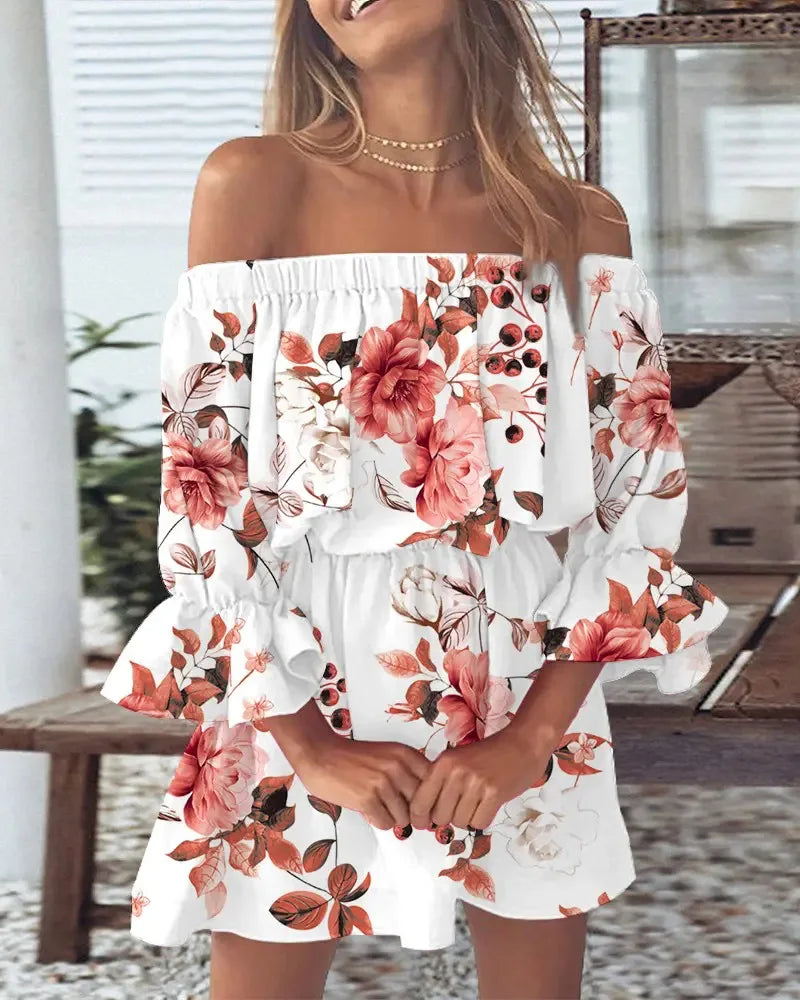 Boho Off-Shoulder Sommerkleid Damen – Lockeres Strandkleid mit Print & Volantärmeln
