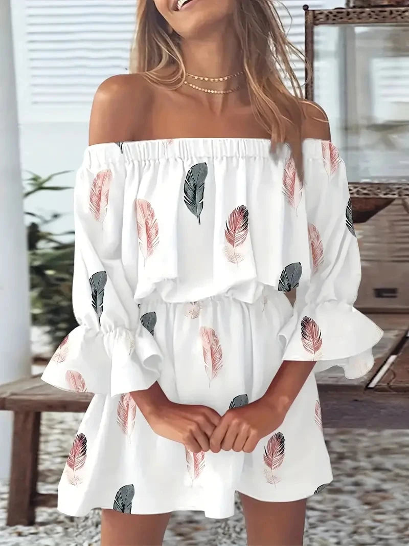 Boho Off-Shoulder Sommerkleid Damen – Lockeres Strandkleid mit Print & Volantärmeln