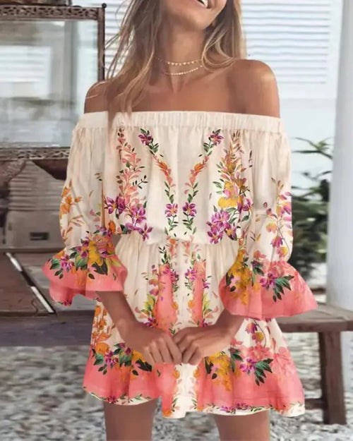 Boho Off-Shoulder Sommerkleid Damen – Lockeres Strandkleid mit Print & Volantärmeln