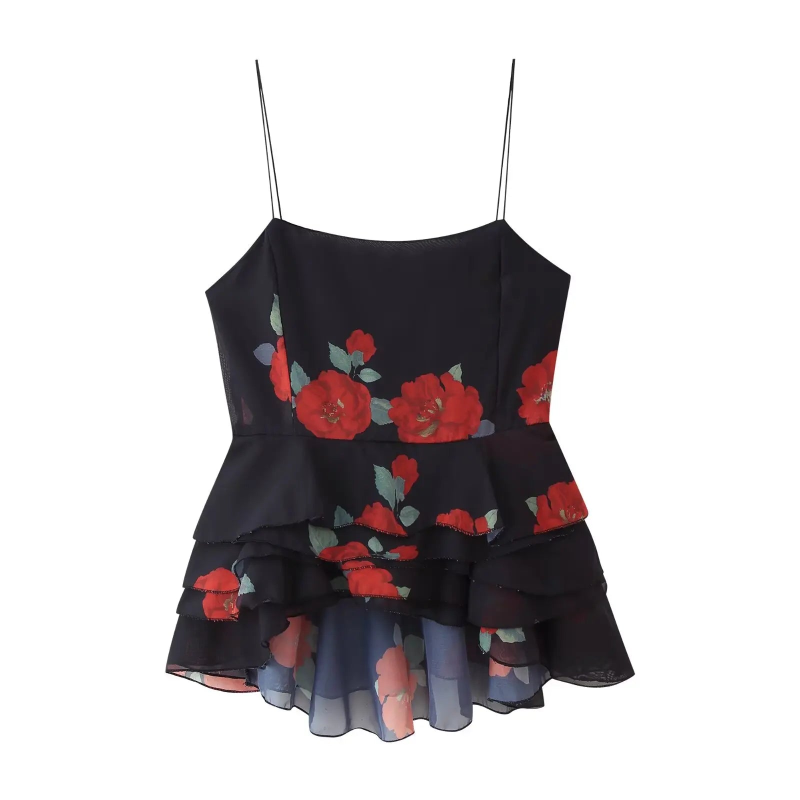 Elegantes Maxikleid mit roten Rosen – Schwarzes Blumenkleid mit Peplum
