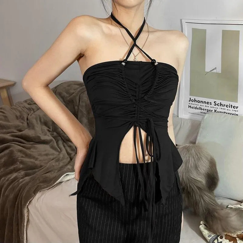Damen Halter Top mit Schnürung – Sexy Rüschen Corsagen Top Sommer Outfit