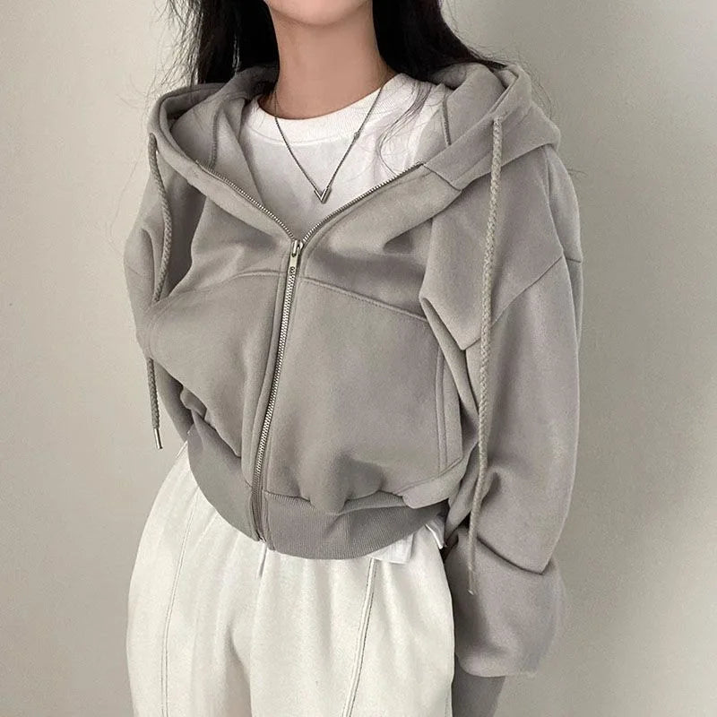 Damen Cropped Hoodie mit Reißverschluss – Oversize Zip-Up Kapuzenjacke Streetwear