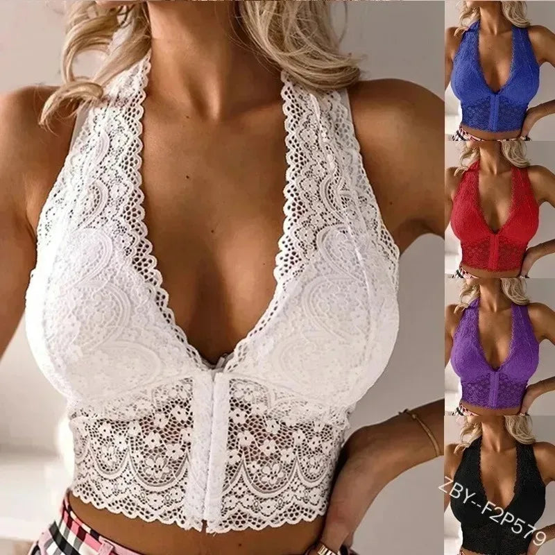 Damen Spitzen Top Halter – Elegantes Lace Crop Top mit tiefem Ausschnitt
