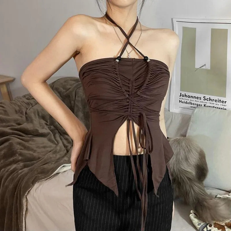 Damen Halter Top mit Schnürung – Sexy Rüschen Corsagen Top Sommer Outfit