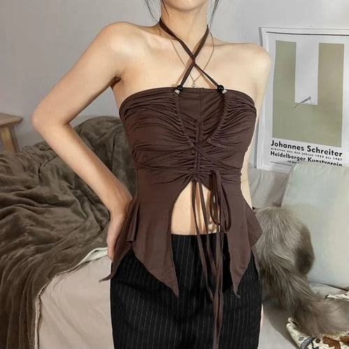 Damen Halter Top mit Schnürung – Sexy Rüschen Corsagen Top Sommer Outfit