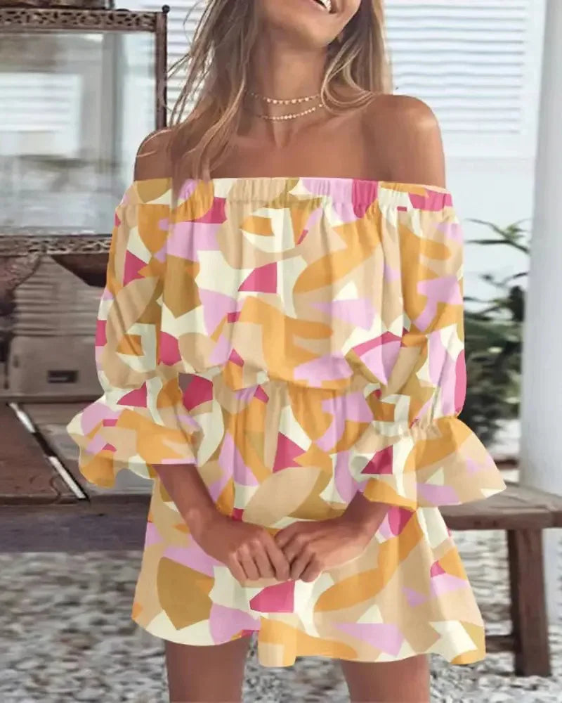Boho Off-Shoulder Sommerkleid Damen – Lockeres Strandkleid mit Print & Volantärmeln